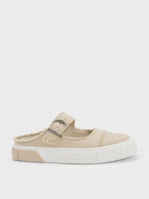 Beige Charles Keith Denim Buckled Slip-On Sneakers | 3702615-IQ