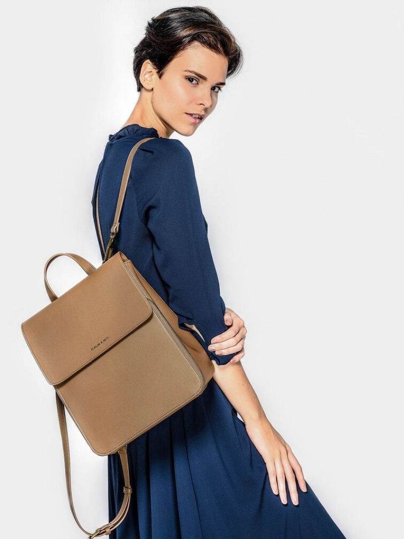 Brown Charles Keith Front Flap Structured Backpack | 3846201-LY