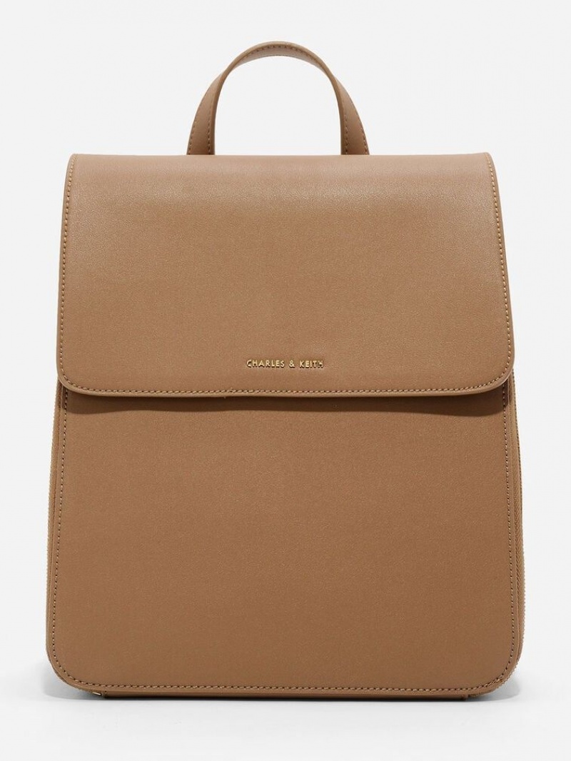 Brown Charles Keith Front Flap Structured Backpack | 3846201-LY