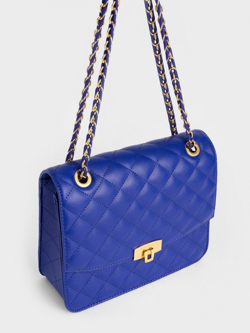 Deep Blue Charles Keith Quilted Chain Strap Clutch | 6789532-IF