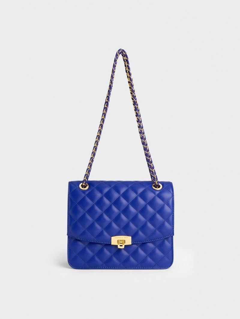 Deep Blue Charles Keith Quilted Chain Strap Clutch | 6789532-IF